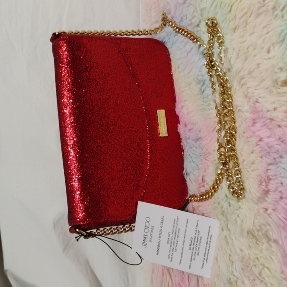 FLASH SALE! NWT Jimmy Choo Parfums Red Glitter Crossbody Bag Gold Chain Strap - Picture 1 of 12